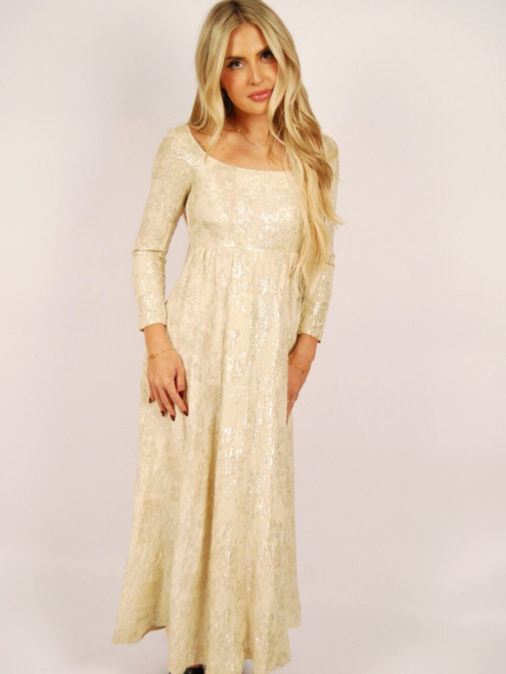 70s Regency Gown (S) small cream vintage maxi